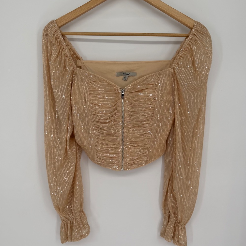 Papaya Womens Sequin Ruched Crop Top Champagne Gold Zip Front Sequin Small
